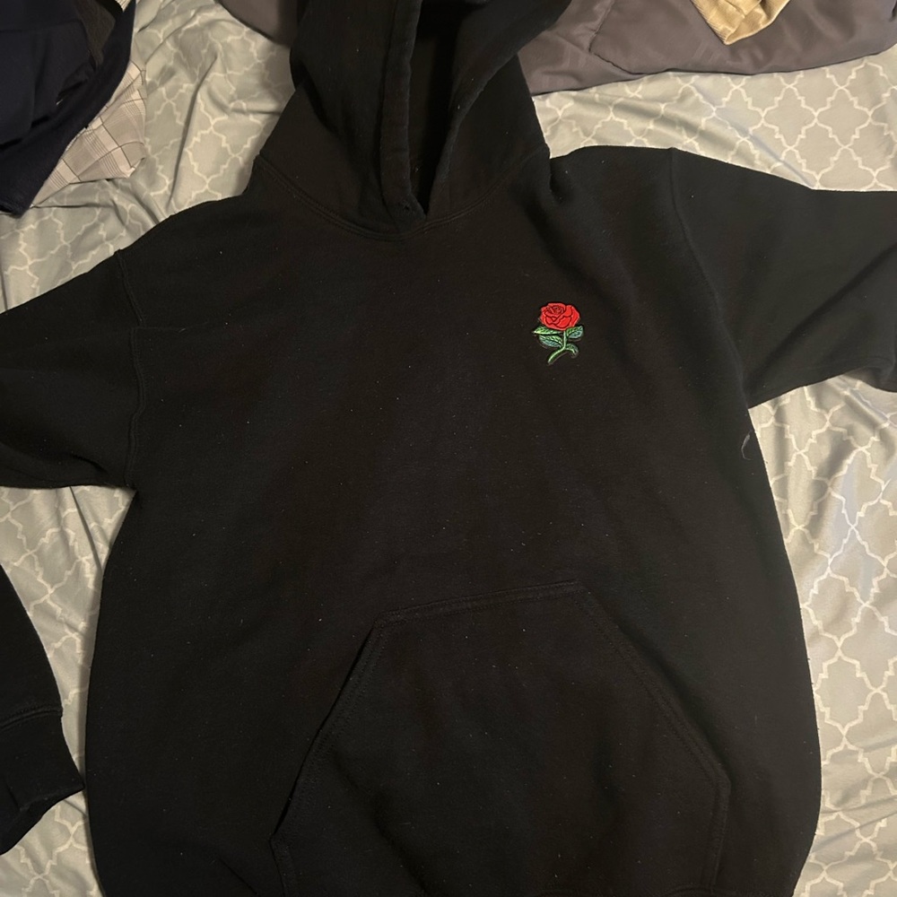 Black Hoodie with Rose Embroidery